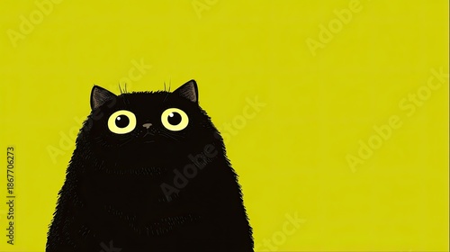 Fluffy black cat with large yellow eyes looks up curiously.