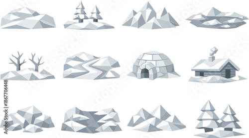 Geometric Winter Icons. Geometric low-poly vector icons illustrating a white landscape with snowy fields, hills, and minimal