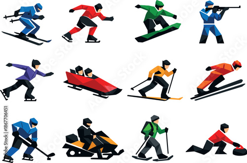 Winter Sports Icons. Geometric low-poly vector icons illustrating winter sports such as skiing, skating, and snowboarding built