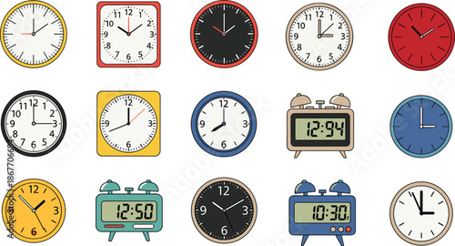 Wall clock and alarm clock set, assorted analog and digital timepieces, watch face collection, cad drawing flat vector illustration, isolated.