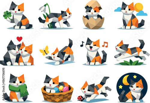March Cat Icons. Modern low-poly vector illustration set showcasing a March cat through crisp triangular geometry and faceted