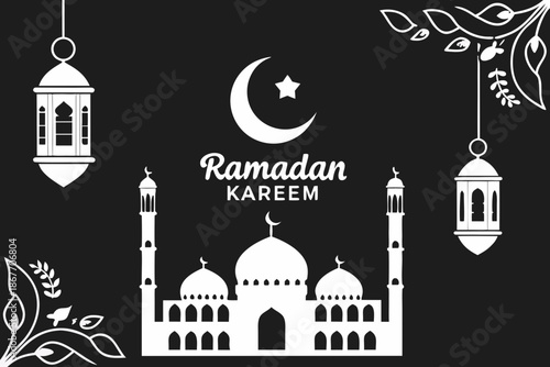Ramadan kareem greeting card design with mosque, crescent moon, and hanging lanterns