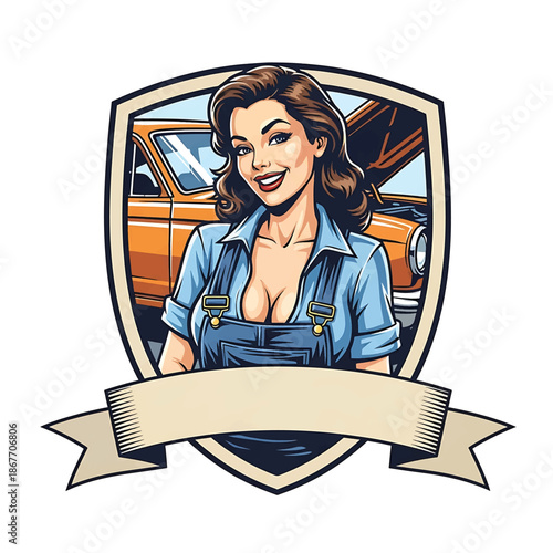 Vintage pin-up style vector illustration of a woman mechanic designed for logo badges and branding, featuring a retro garage scene, flat solid colors, clean outlines, and emblem layout