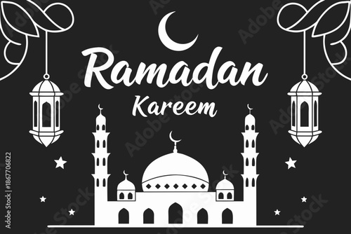 Elegant black and white ramadan kareem greeting card design with mosque and traditional lanterns