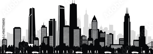 Black city skyline silhouette with pedestrians and car traffic on street, modern metropolis panorama, cad drawing flat vector illustration, isolated.