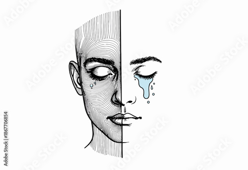Artistic interpretation showcasing emotional dichotomy through contrasting line work, depicting tears on one side and abstract contours on the other