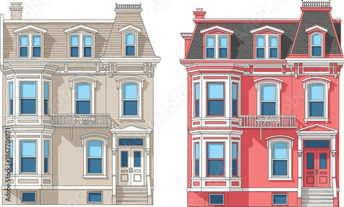 Victorian townhouse architecture set, classic residential building facades with bay windows and stairs, cad drawing flat vector illustration, isolated.