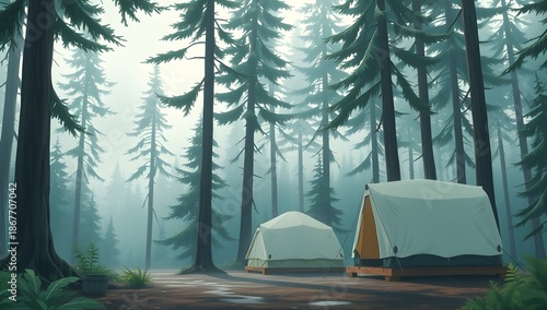 Cartoon Forest Camping Landscape with Tents and Fog. Stylized Vector Nature Background