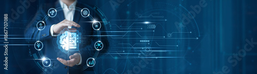 Businessman hand hold machine learning platform, predictive analytics system, ai powered decision automation, big data processing, data driven business intelligence, intelligent technology