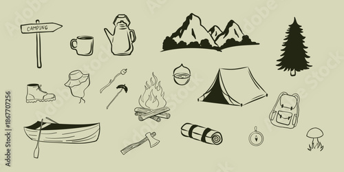 Hand drawn camping and hiking set with outdoor elements including tent, mountains, backpack, thermos, cup, canoe, axe, compass, pine tree, and camping tools. Vector illustration.