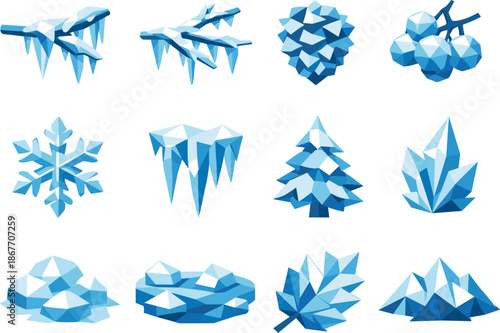Frosty Winter Icons. Low-poly vector icon set for frost on tree branches and winter nature details, featuring sharp polygonal