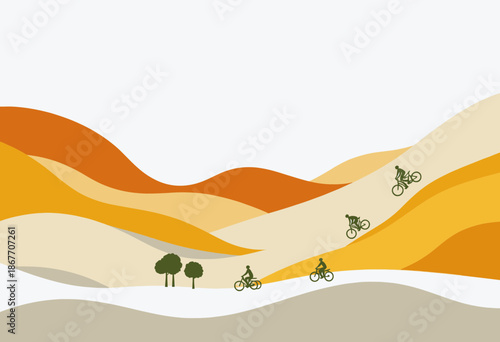 Silhouette Cyclists Riding Across Rolling Hills and Scenic Landscapes in Vibrant Colorful Minimalist Artwork Depicting Outdoor Adventure and Exploration
