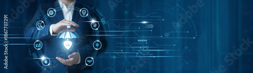 Businessman hand hold risk management, financial and operational risk assessment, compliance monitoring system, strategic business protection, enterprise security planning