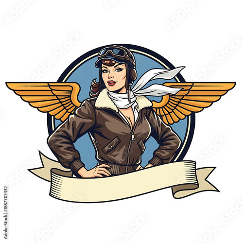 Vintage pin-up style vector illustration of a woman pilot designed for aviation logo badges, featuring a retro airfield background, flat solid colors, clean lines, and emblem-ready layout