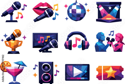 Karaoke Night Icons. Karaoke night entertainment and singing activities illustrated as a low-poly vector icon set with sharp