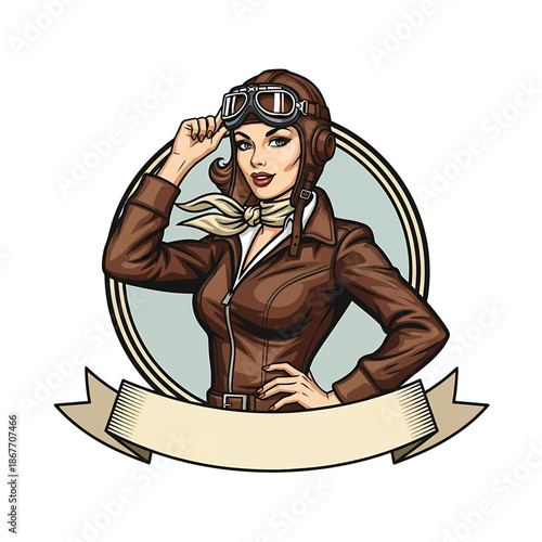 Vintage pin-up style vector illustration of a woman pilot designed for aviation logo badges, featuring a retro airfield background, flat solid colors, clean lines, and emblem-ready layout
