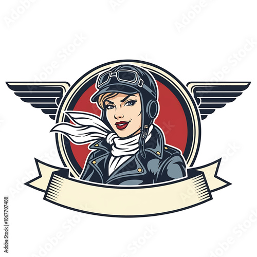 Vintage pin-up style vector illustration of a woman pilot designed for aviation logo badges, featuring a retro airfield background, flat solid colors, clean lines, and emblem-ready layout