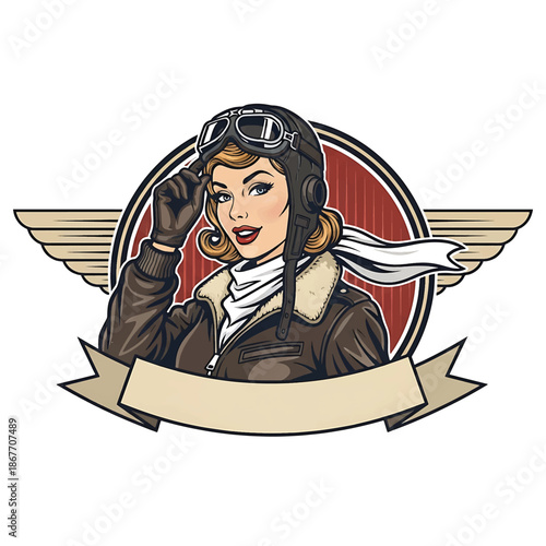 Vintage pin-up style vector illustration of a woman pilot designed for aviation logo badges, featuring a retro airfield background, flat solid colors, clean lines, and emblem-ready layout