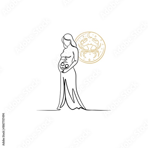 Minimalist continuous line art illustration of a pregnant woman with Cancer zodiac symbol and gold celestial crab emblem.