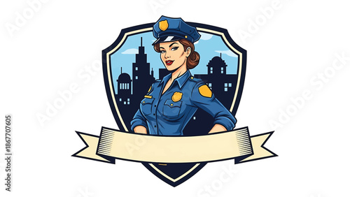 Vintage pin-up style vector illustration of a female police officer created for logo badges and public service branding, featuring flat solid colors, retro city scene, and emblem design