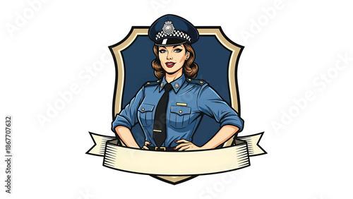 Vintage pin-up style vector illustration of a female police officer created for logo badges and public service branding, featuring flat solid colors, retro city scene, and emblem design