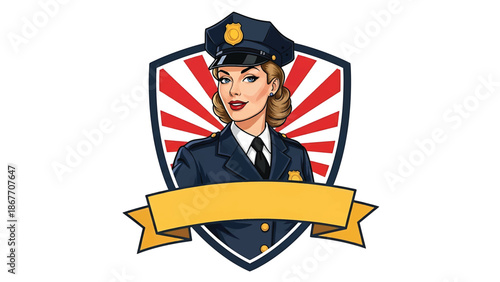 Vintage pin-up style vector illustration of a female police officer created for logo badges and public service branding, featuring flat solid colors, retro city scene, and emblem design