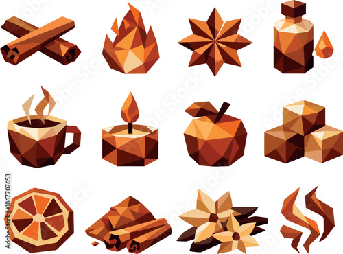 Cinnamon Icon Set. Cinnamon fragrance and spicy warmth expressed as a cohesive low-poly vector icon set built from angular