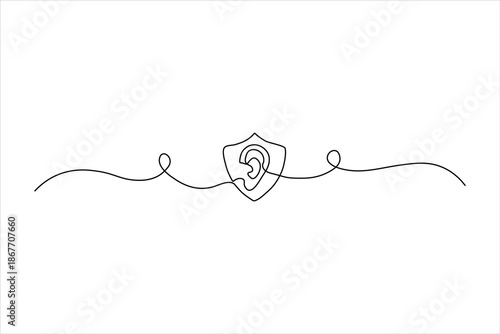 Continuous one-line drawing of an ear inside a shield. Minimalist symbol for hearing protection and auditory safety. Simple black line art on a white background