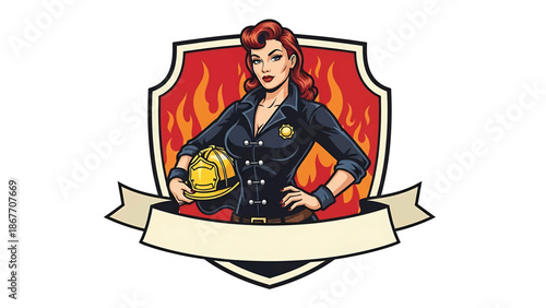 Vintage pin-up style vector illustration of a female firefighter designed for logo badges and safety branding, using flat solid colors, retro fire station background, and emblem layout