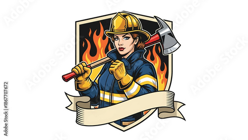 Vintage pin-up style vector illustration of a female firefighter designed for logo badges and safety branding, using flat solid colors, retro fire station background, and emblem layout