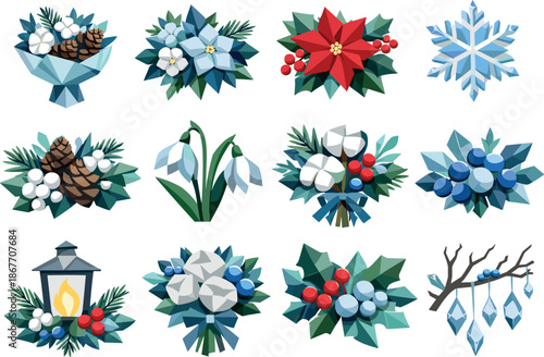 Winter Floral Icons. Low-poly polygonal vector icon set focused on winter bouquets, seasonal flowers, and cold-weather floral