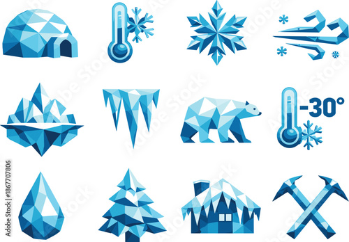 Epiphany Frost Icons. Low-poly vector icon set for Epiphany frosts and extreme winter cold, featuring angular polygonal geometry,