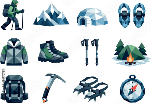 Winter Trekking Icons. Winter trekking and snowy outdoor expedition visualized as a cohesive low-poly vector icon set built from