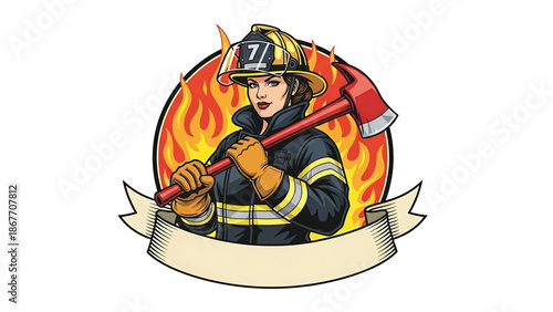 Vintage pin-up style vector illustration of a female firefighter designed for logo badges and safety branding, using flat solid colors, retro fire station background, and emblem layout