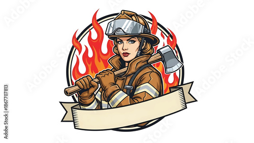 Vintage pin-up style vector illustration of a female firefighter designed for logo badges and safety branding, using flat solid colors, retro fire station background, and emblem layout