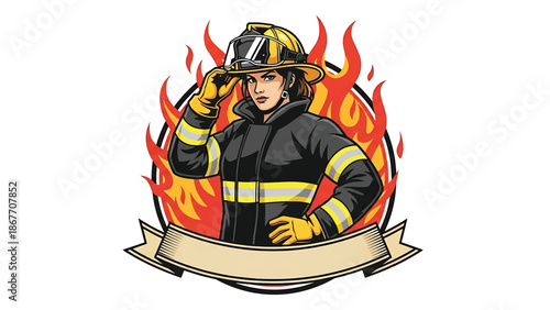 Vintage pin-up style vector illustration of a female firefighter designed for logo badges and safety branding, using flat solid colors, retro fire station background, and emblem layout