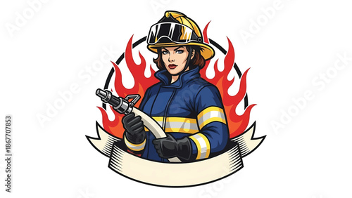 Vintage pin-up style vector illustration of a female firefighter designed for logo badges and safety branding, using flat solid colors, retro fire station background, and emblem layout