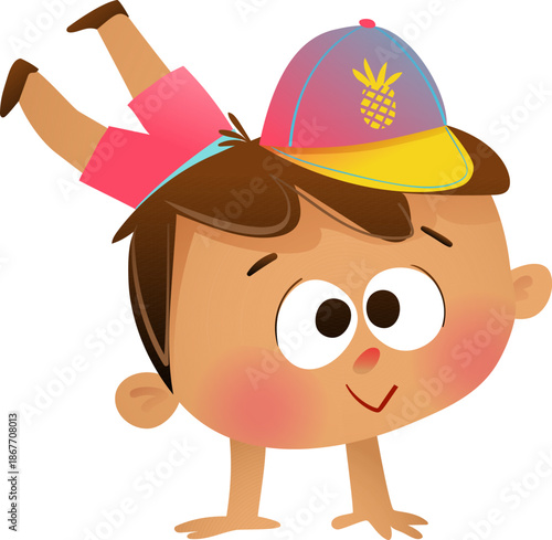 Funny little boy performing a handstand with cheerful face expression. Happy child character standing on hands and laughing. Vector hand drawn illustration clipart for kids and children.