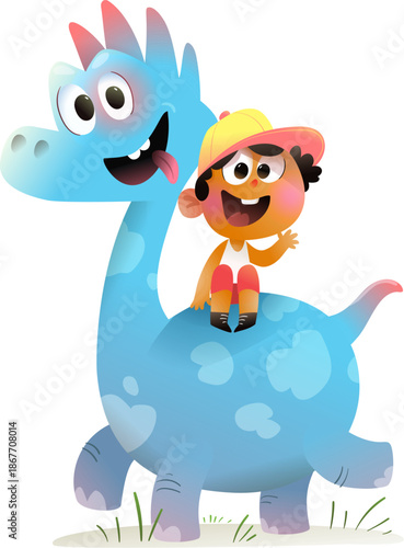 Happy little boy sitting on his dinosaur friend, playing together. Child and colorful dino creature happy friendship. Colorful characters cartoon for children. Vector illustration clipart for kids