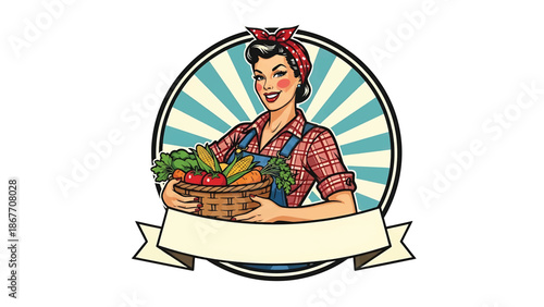 Vintage pin-up style vector illustration of a woman farmer created for agricultural logo badges and food branding, featuring flat solid colors, retro farm scene, and emblem composition