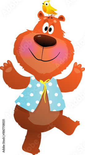 Cheerful Cartoon Bear Dancing with Yellow Bird Friend on his Head. Funny dressed bear animal character illustration for children party. Vector animal character cartoon clipart for kids.