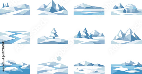 Low-Poly Winter Icons. Snow-covered plains and open winter terrain represented through a professional low-poly vector icon set