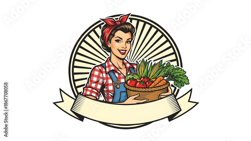 Vintage pin-up style vector illustration of a woman farmer created for agricultural logo badges and food branding, featuring flat solid colors, retro farm scene, and emblem composition