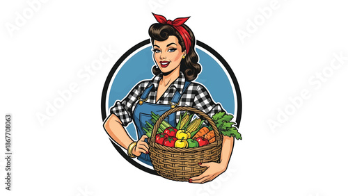 Vintage pin-up style vector illustration of a woman farmer created for agricultural logo badges and food branding, featuring flat solid colors, retro farm scene, and emblem composition