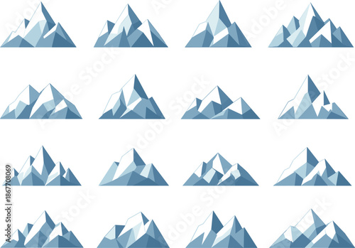 Low-Poly Mountain Icons. Low-poly vector icon set for snowy mountain peaks and winter summits, featuring angular polygonal