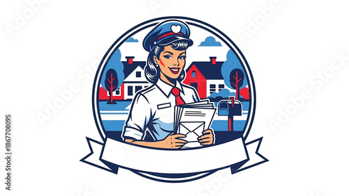 Vintage pin-up style vector illustration of a female postal worker made for delivery logo badges and service branding, with flat solid colors, retro street scene, and emblem design