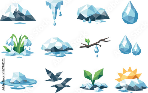 Spring Thaw Icons. Early spring melt and first water drops illustrated as a cohesive low-poly vector icon set built from angular
