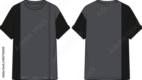 Modern color block t shirt front back view, rolled sleeves, dark gray panel, black sides fashion garment design flat vector illustration