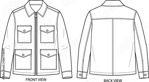 Multi pocket zip jacket front back view, classic collar, chest waist flap pockets, yoke seam fashion garment design flat vector illustration