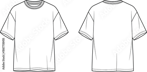 Plain short sleeve T shirt front back view, neckline stitching, hem seams, fashion garment technical design outline flat vector illustration